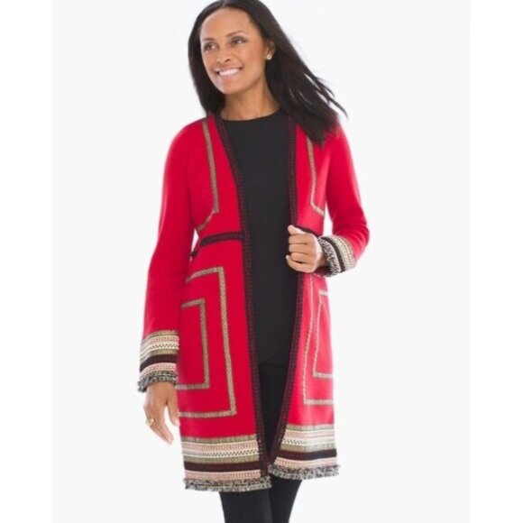 Chicos Reba Womens Red Cardigan With Tribal Embroidered Trim & Open Front - Picture 1 of 13